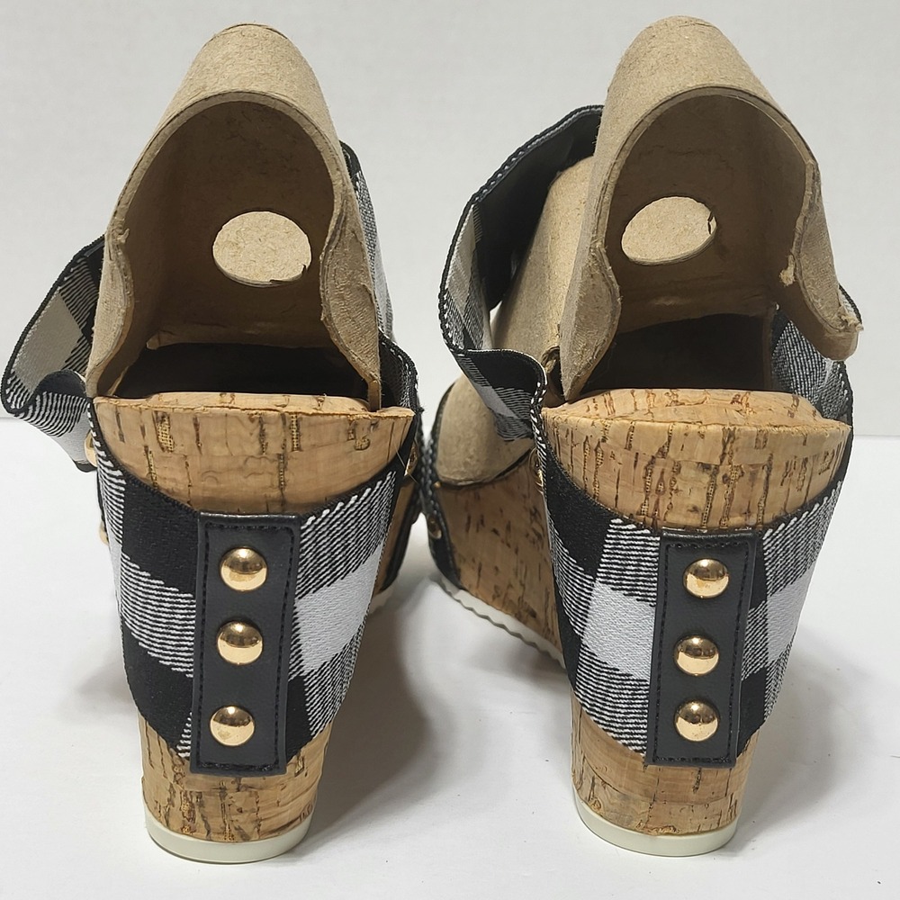 Comfort Est 1946 Womens Buffalo Plaid Cork Wedge Platform Sandals Black White 9 - Picture 5 of 10
